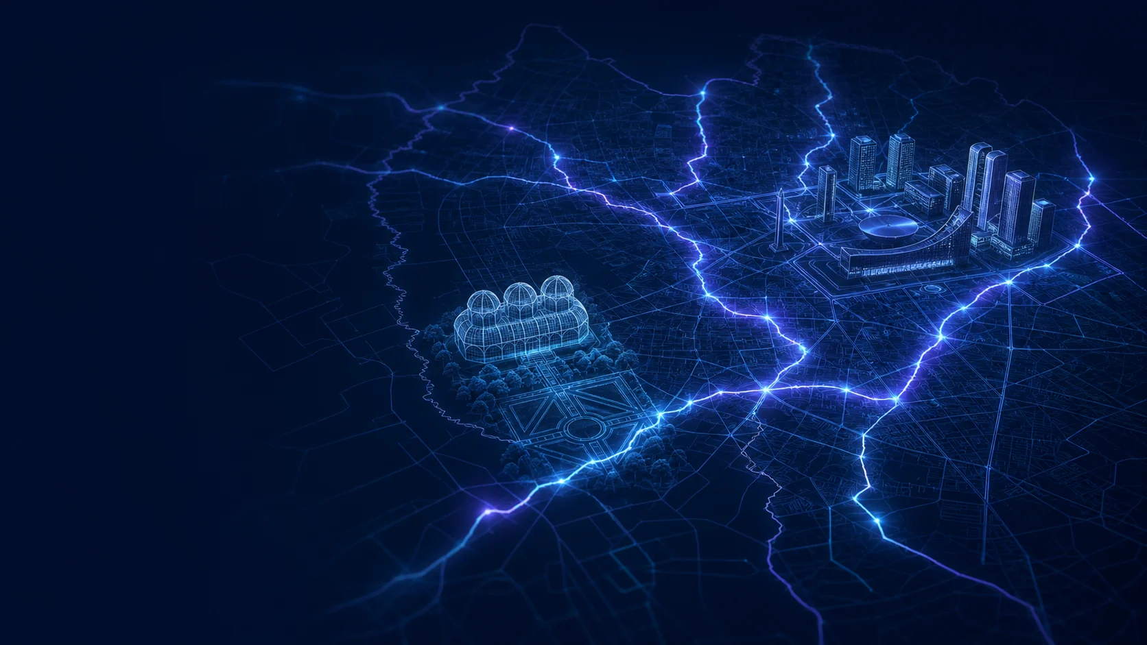 Mapa tecnológico de Curitiba com Jardim Botânico, Centro Cívico e conexões luminosas